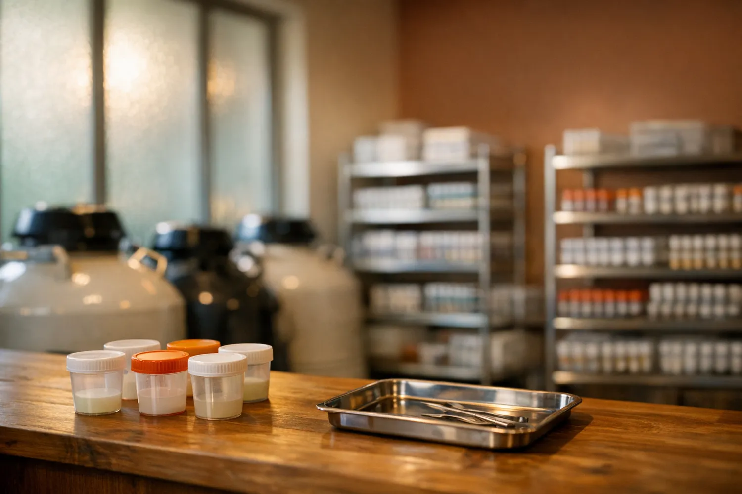 Samenbank-Lagerraum mit Kryotanks und Probenbehältern auf einem Holztresen