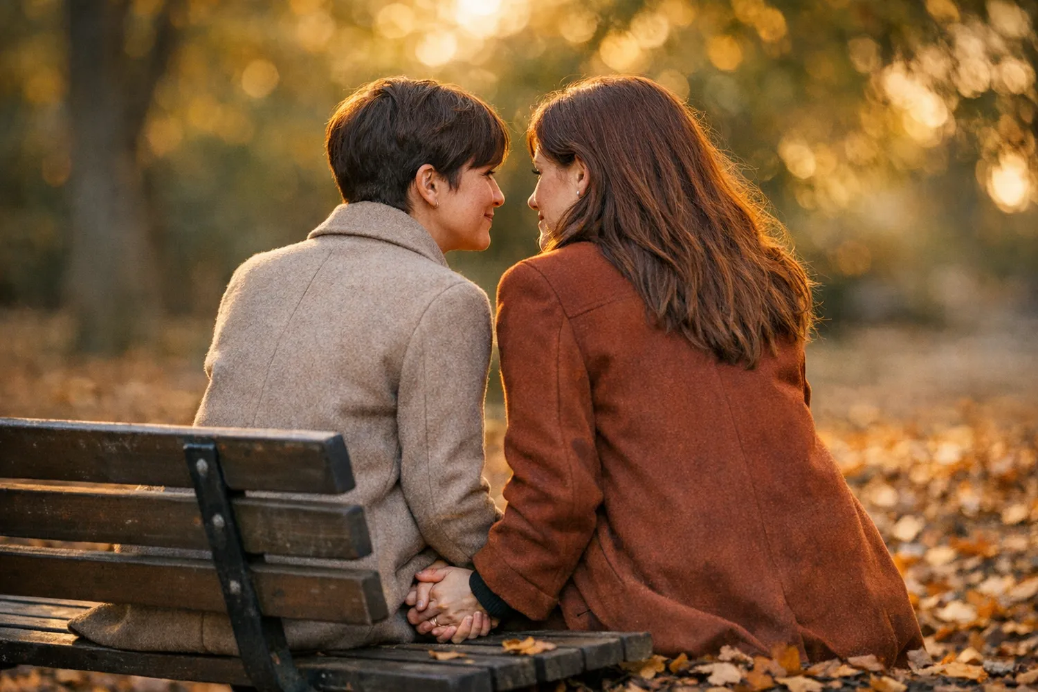 Gleichgeschlechtliches Paar im Herbstlicht auf Parkbank