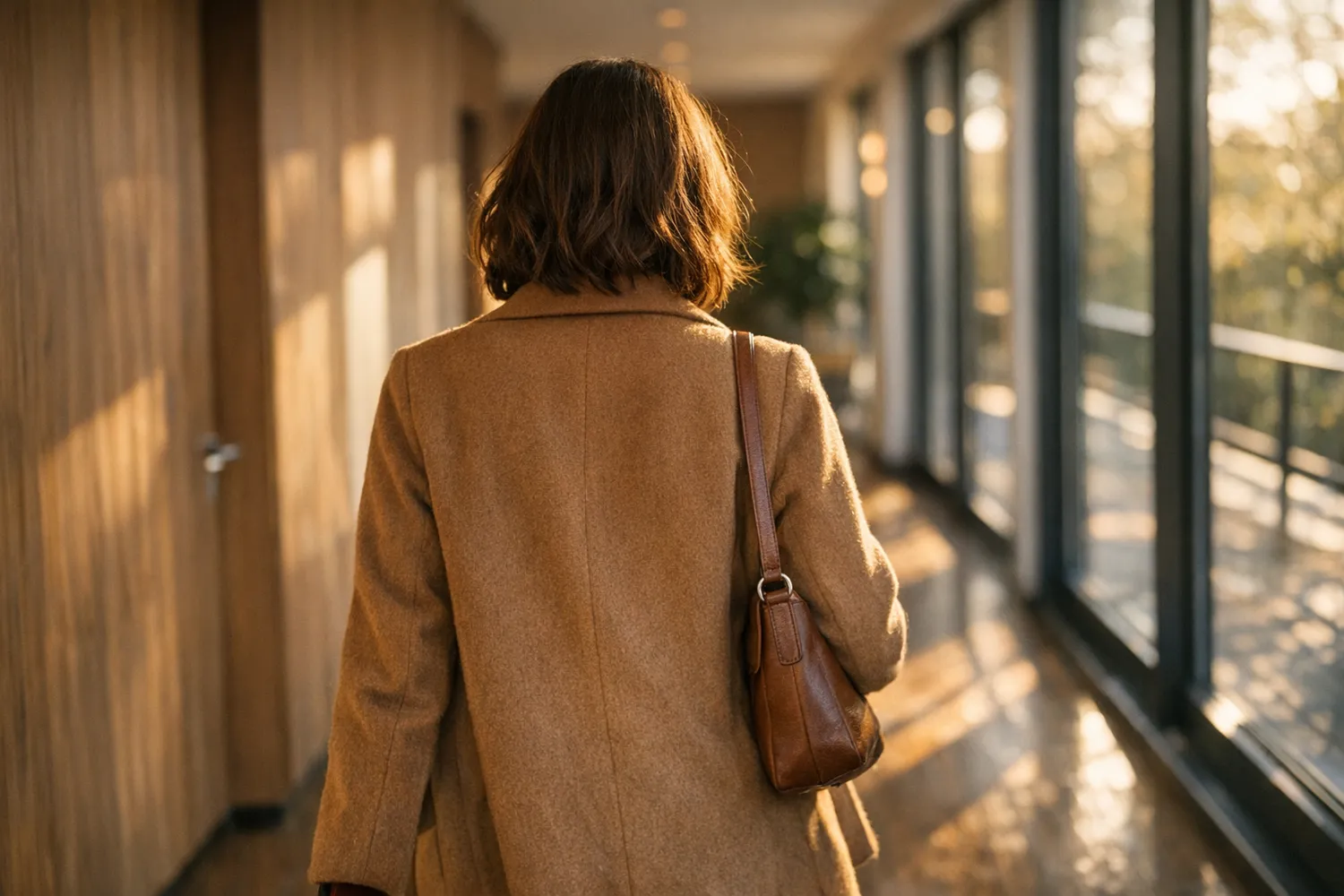 Frau geht selbstbewusst durch den Flur einer Kinderwunschklinik