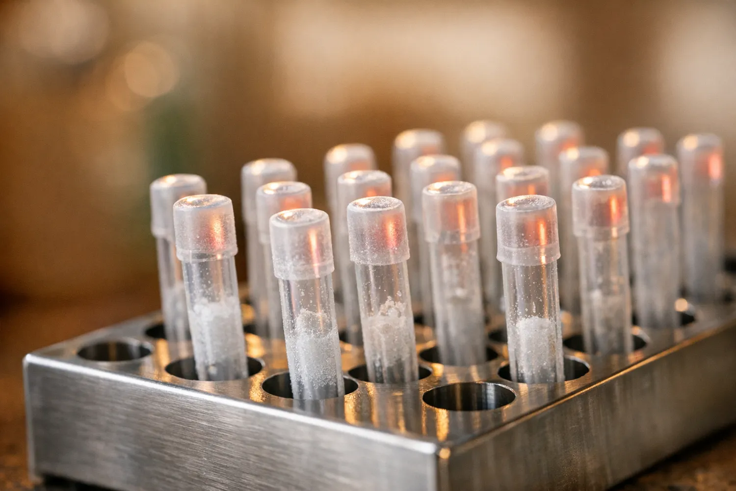 Kryokonservierte Samenproben im Laborgestell einer Samenbank