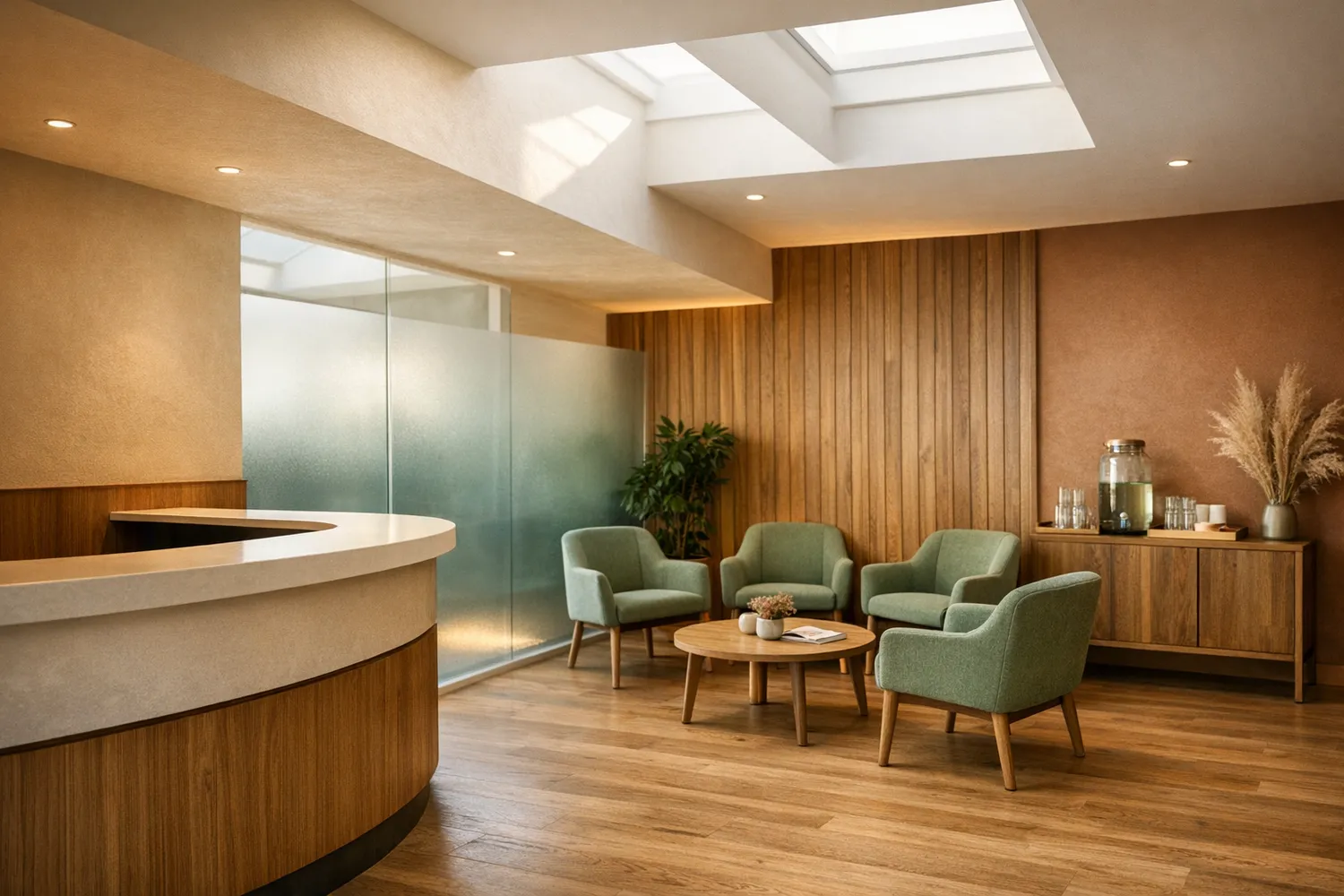 Empfangsbereich einer modernen Samenbank mit warmem Ambiente