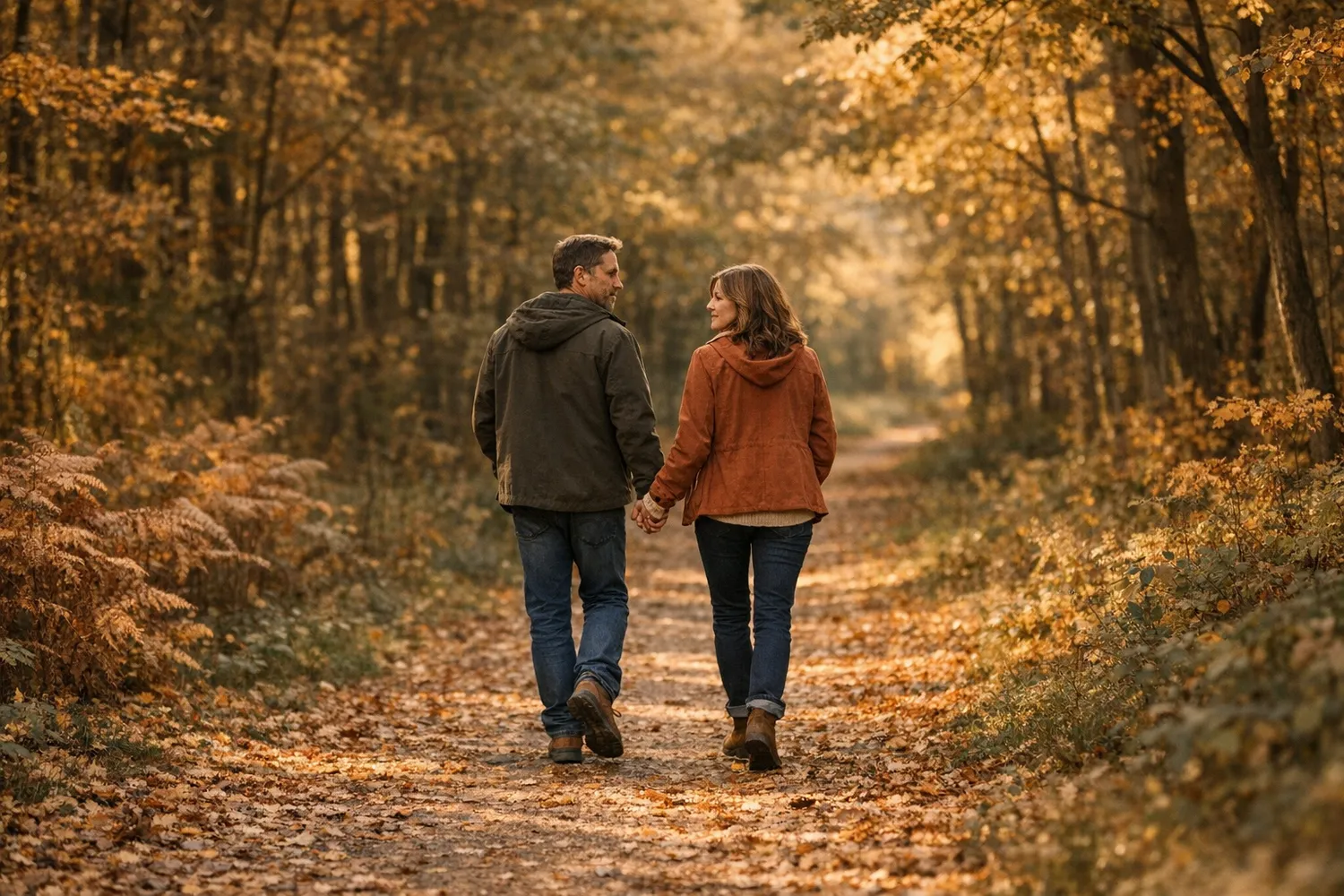 Couple in their early 40s on an autumn walk in the woods