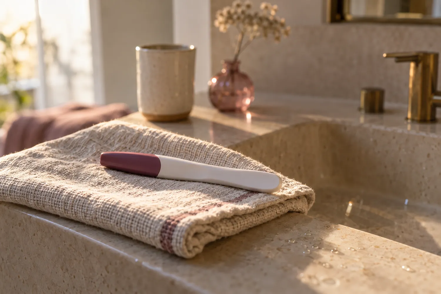 Pregnancy test lying on a towel by the sink in the morning light
