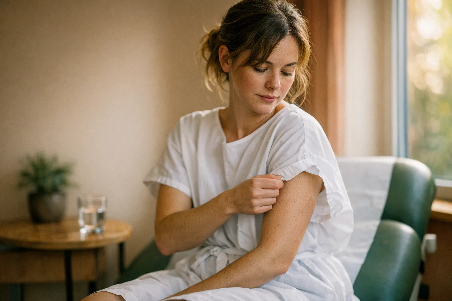 Frau in moderner Klinik bereitet sich auf Eizellentnahme vor