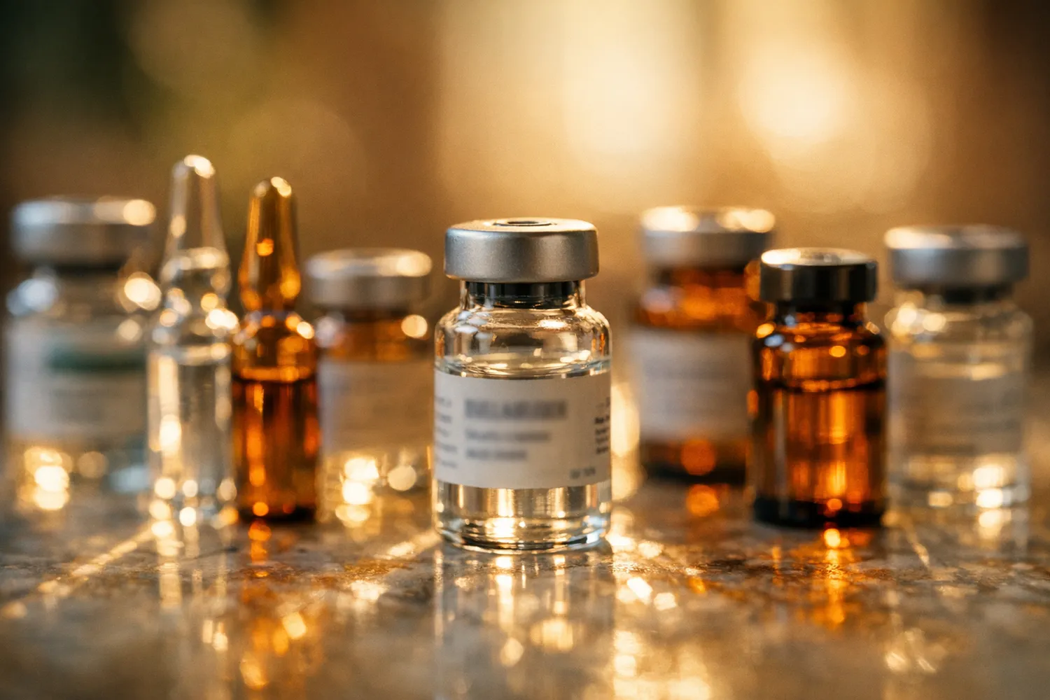 Fertilitätsmedikamente in Glasampullen im warmen Gegenlicht