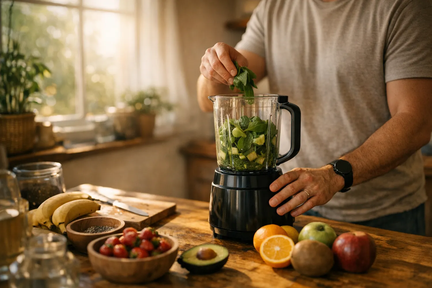 Mann bereitet gesunden Smoothie in der Kueche zu