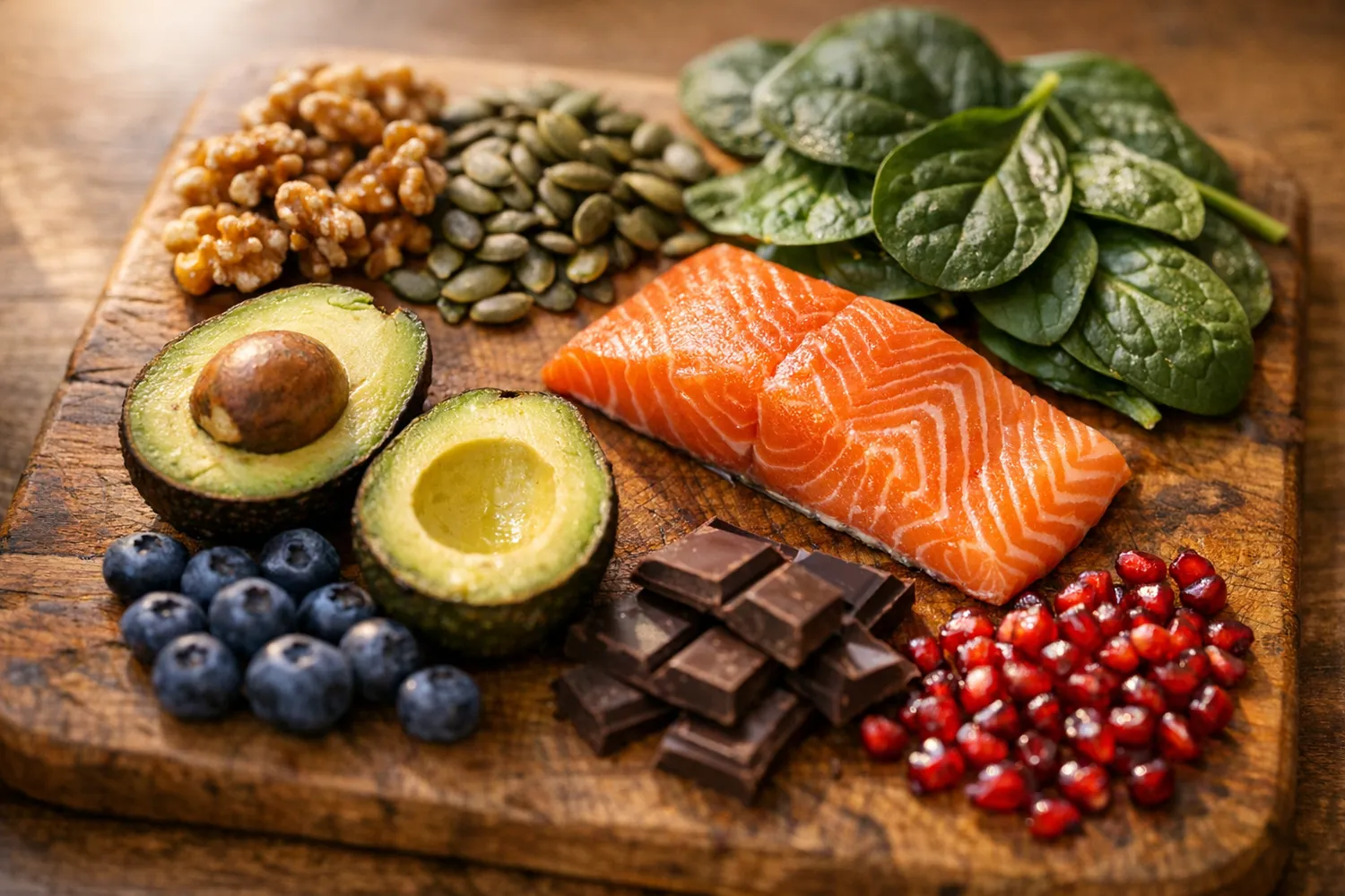 Fruchtbarkeitsfoerdernde Lebensmittel wie Nuesse Lachs und Avocado auf Holzbrett