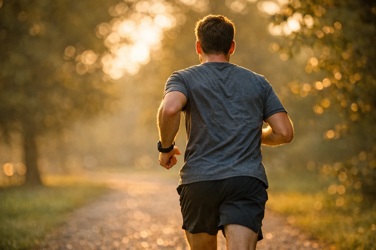 Mann joggt im Morgenlicht im Park fuer bessere Fruchtbarkeit