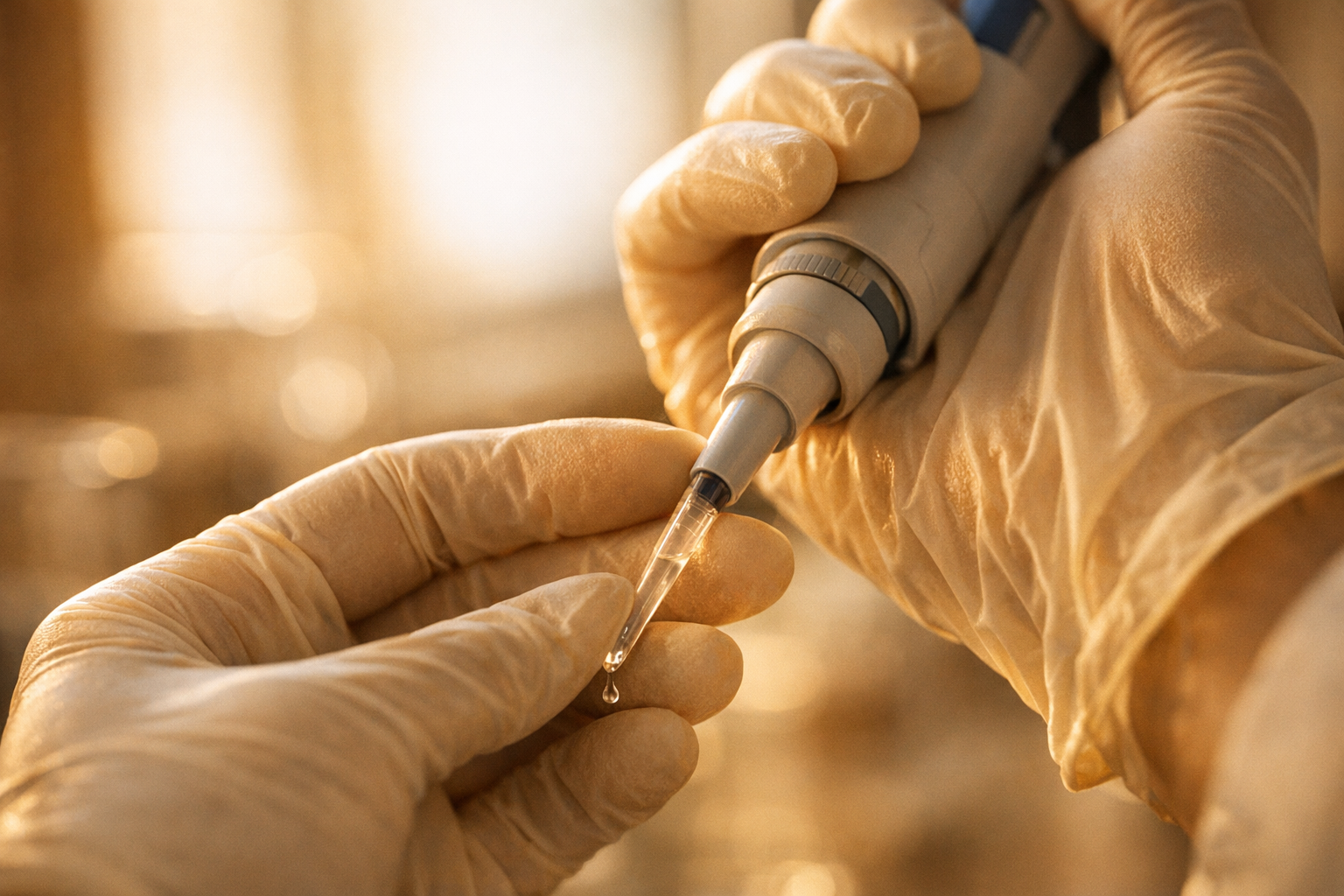 Laborhände mit Pipette bei der Spermiogramm-Analyse in natürlichem Licht