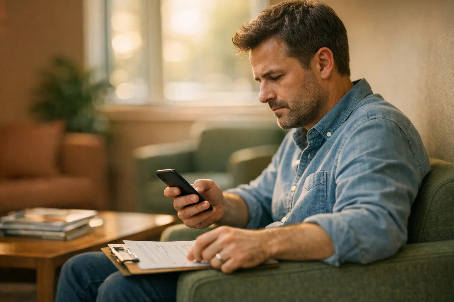 Mann wartet nervös im Wartezimmer der Andrologie-Praxis