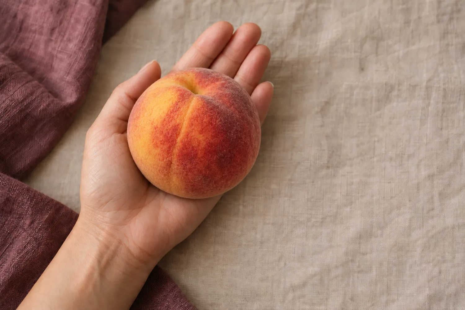 Een enkele perzik ligt in een open handpalm op beige linnen