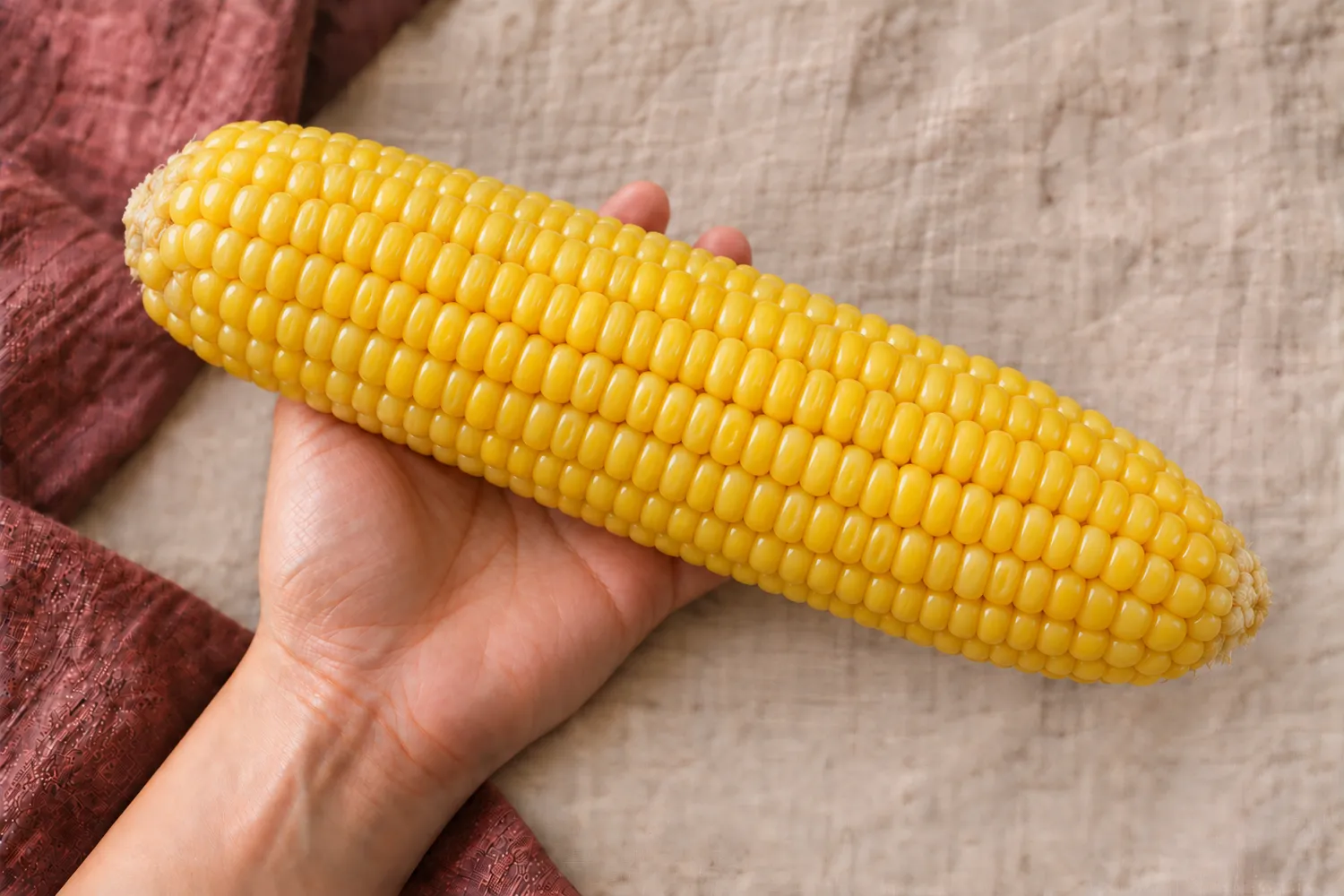 Een enkele gele maiskolf ligt dwars in een open handpalm op beige linnen