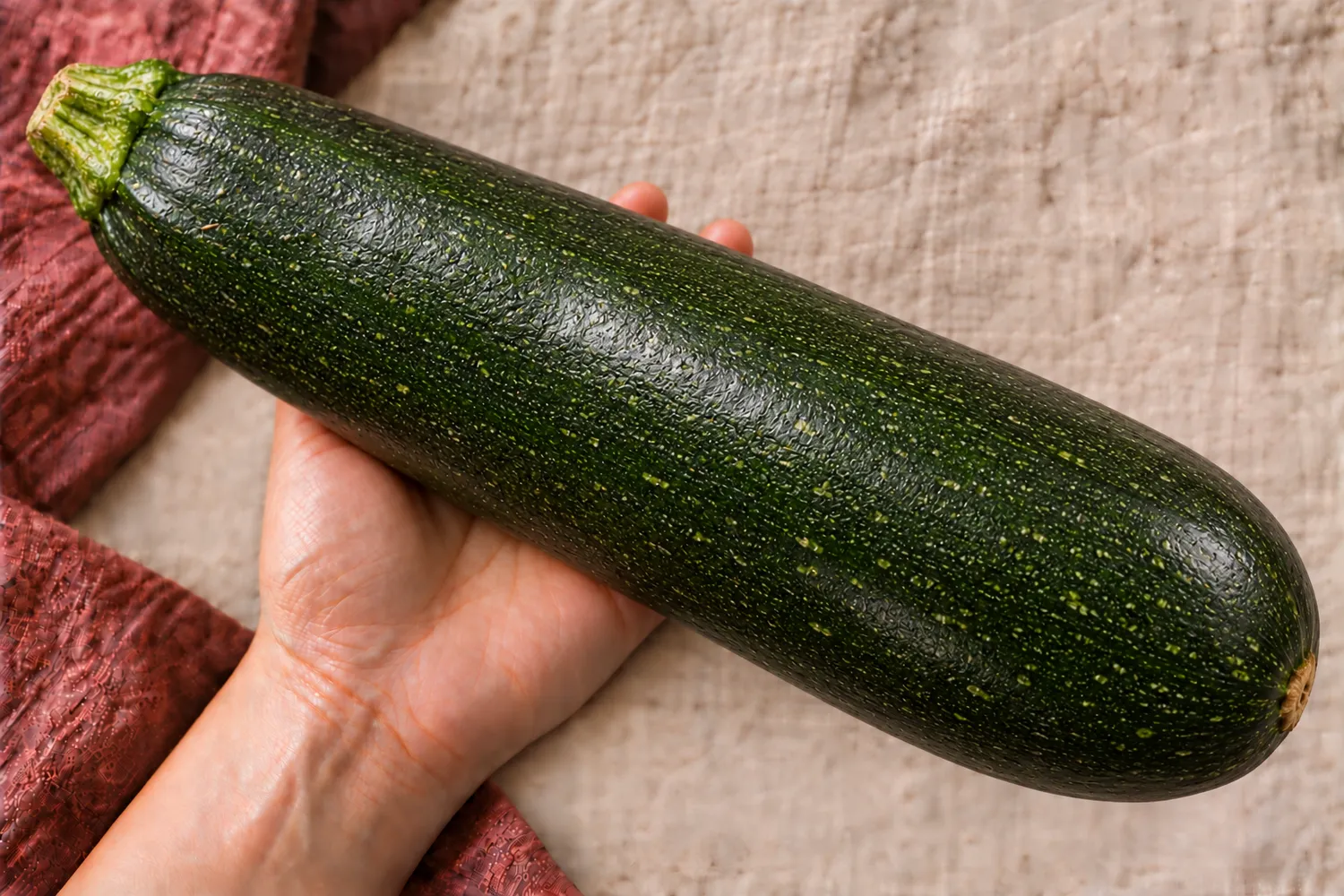 Een enkele grote courgette ligt in een open handpalm op beige linnen