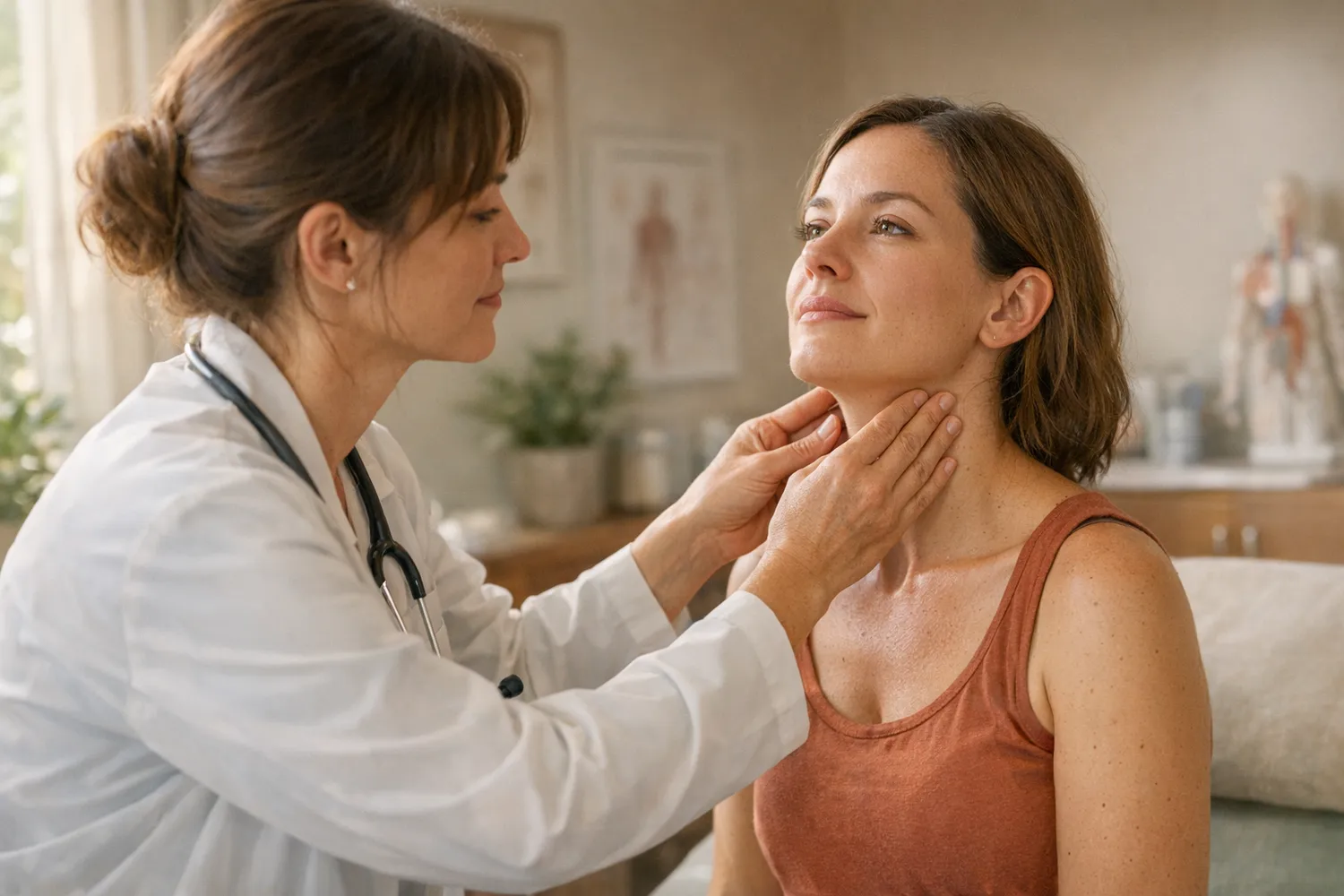 Female doctor palpating a patient’s thyroid at the neck