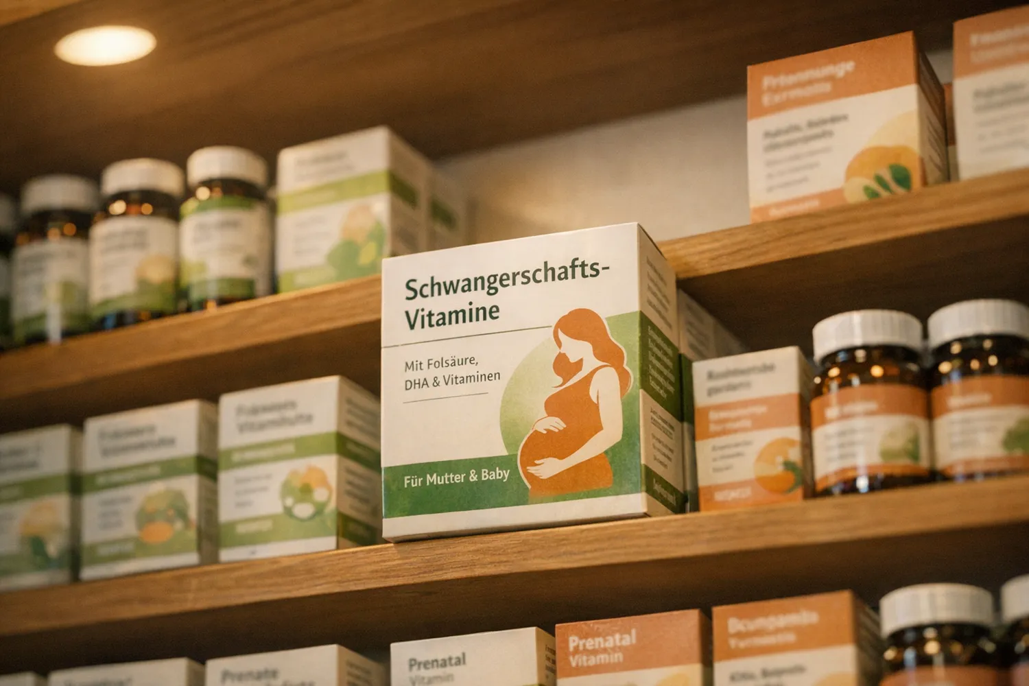 Supplement-Regal in einer deutschen Apotheke mit Kinderwunsch-Vitaminen