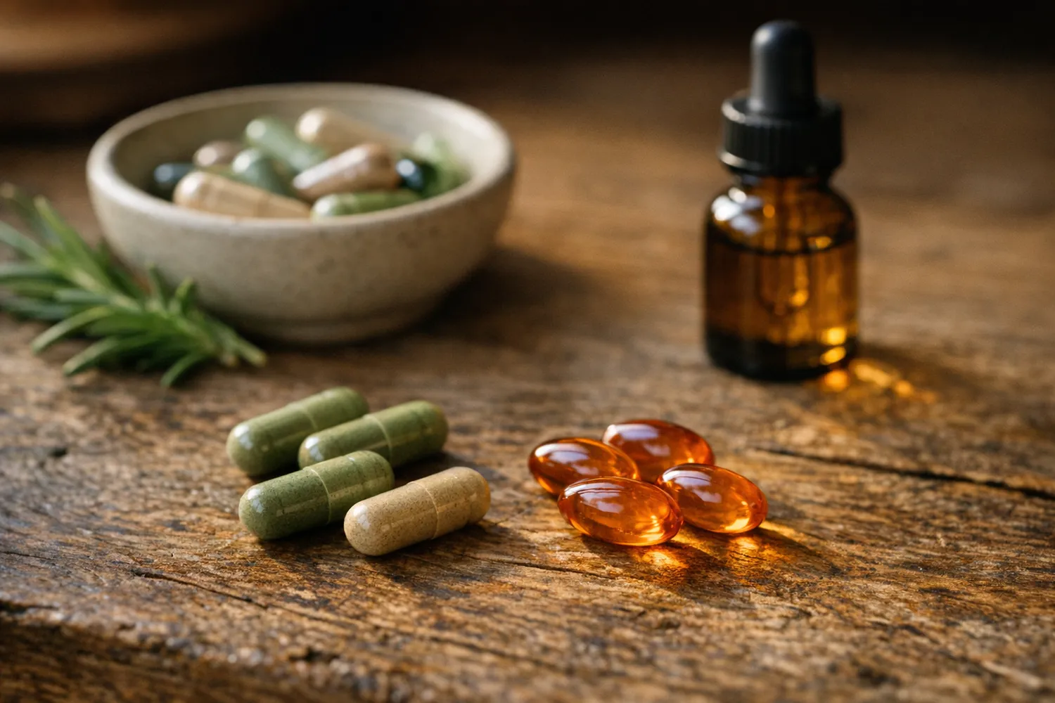 Folsäure-Kapseln und Nahrungsergänzungsmittel auf Holztisch