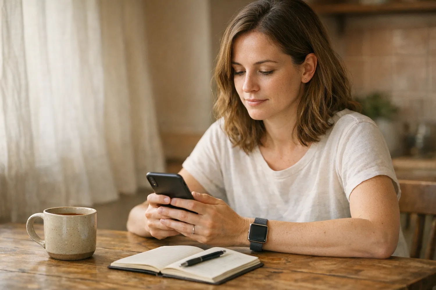 Frau am Küchentisch schaut morgens auf ihr Smartphone, am Handgelenk eine Smartwatch
